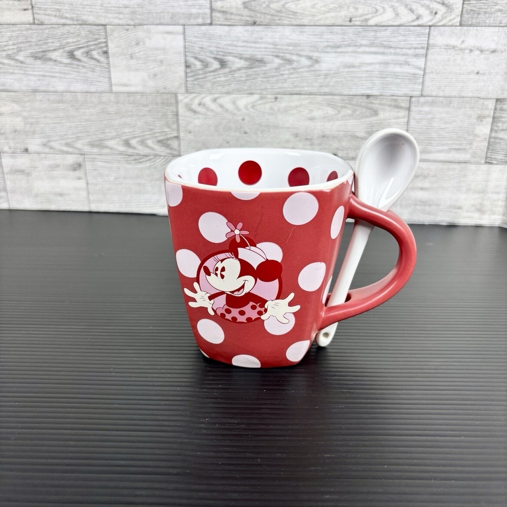 DISNEY Theme Parks‎ Minnie Mouse Polka Dot Red White Coffee Mug Cup Spoon